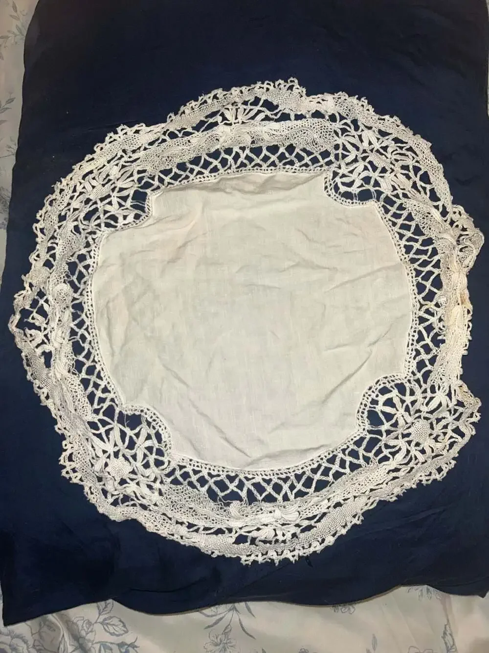 Vintage Hand-Crocheted Lace Edge Linen Center Doily